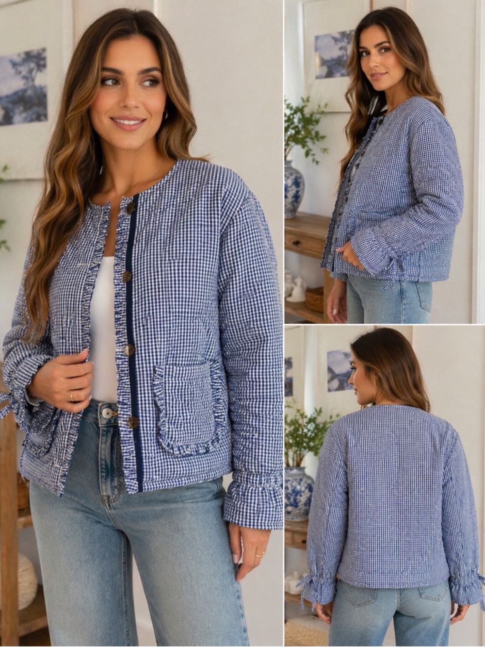 Quilted Gingham Jacket - Blue
